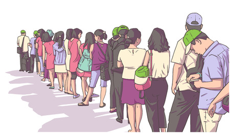 Illustration of crowd of people standing in line in perspectiveのイラスト素材