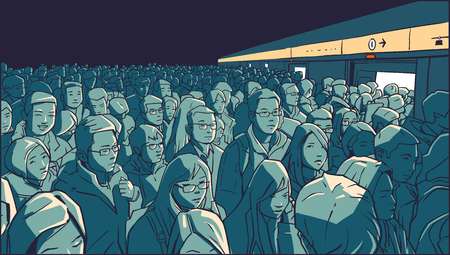 Illustration of crowded metro, subway station. People boarding cart in rush hour.のイラスト素材