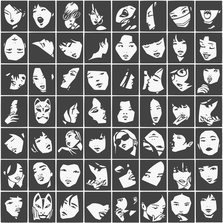 Seamless pattern of female portraits in black and whiteのイラスト素材