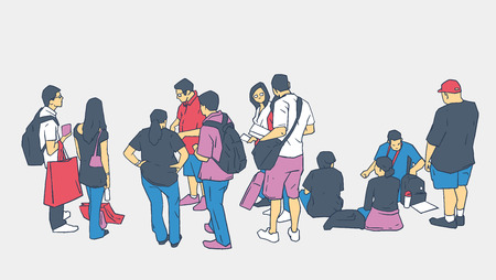 Illustration of people standing and sitting in lineのイラスト素材