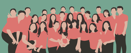 Flat illustration of young people, friends, classmates, students, colleagues, family posing for...