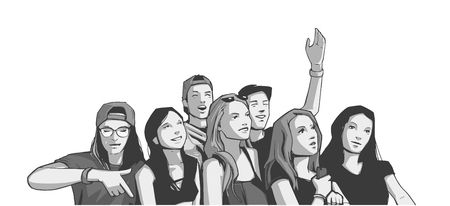 Illustration of group of young people friends cheering at live concert festival partyのイラスト素材