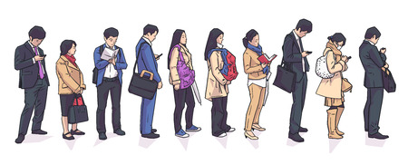 Illustration of people standing waiting in registration shopping public transport lineのイラスト素材