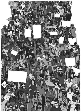 Illustration of large crowd protest demonstration with blank signs bannersのイラスト素材