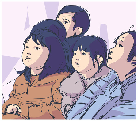 Illustration of group Japanese children sitting and watching looking upwardsのイラスト素材