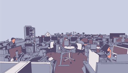 Illustration of large studio office, creative work place with people workers in perspectiveのイラスト素材
