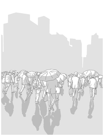 Detailed vector illustration of city urban crowd with umbrella in perspectiveのイラスト素材