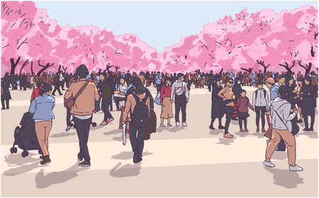 Vector illustration of cherry blossom viewing festival crowd in Ueno Park, Tokyoのイラスト素材