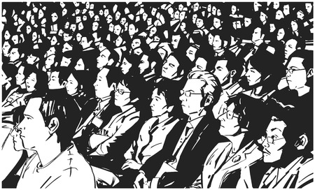 Detailed black and white ink drawing of theater cinema audience in perspective vectorのイラスト素材