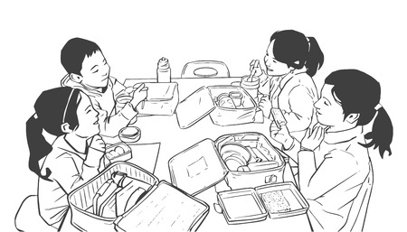 Illustration of children having lunch in school, kindergartenのイラスト素材