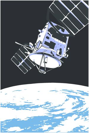 Illustration of satellite orbiting in space with planet Earth in the backgroundのイラスト素材
