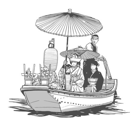 Illustration of traditional Japanese wedding, bridal wooden boat, Iris flower festivalのイラスト素材