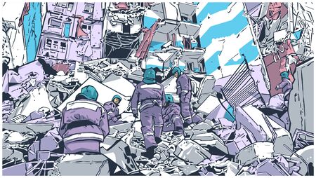 Illustration of fire fighters at collapsed building due to earthquake, natural disaster, explosion, fireのイラスト素材