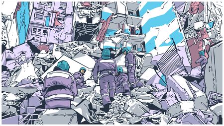 Illustration of fire fighters at collapsed building due to earthquake, natural disaster, explosion, fireの素材 [FY310127290633]