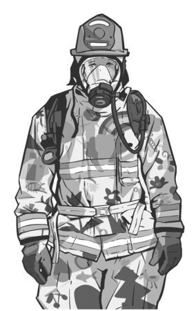 Stylized illustration print design of fire fighter in protective gearのイラスト素材
