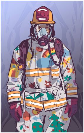 Stylized illustration print design of fire fighter in protective gearのイラスト素材