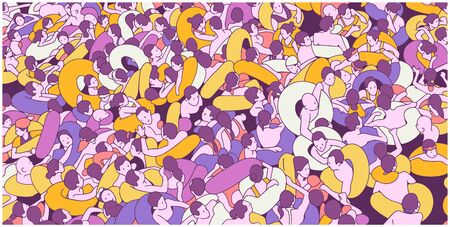 Detailed illustration of overly crowded swimming pool, beach people bathing and enjoying summer holidayのイラスト素材