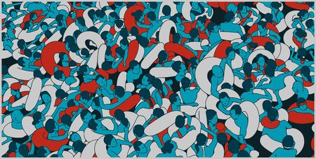 Detailed illustration of overly crowded swimming pool, beach people bathing and enjoying summer...