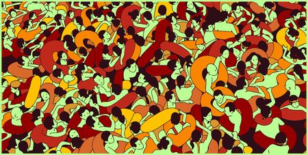 Detailed illustration of overly crowded swimming pool, beach people bathing and enjoying summer holidayのイラスト素材