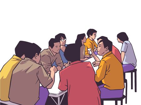Illustration of group of people friends students conversation studying in pub bar restaurant izakayaのイラスト素材