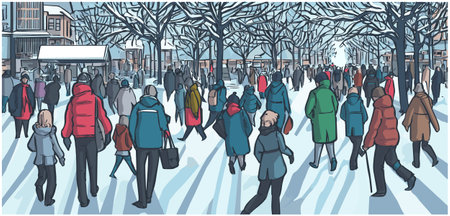 Stylized illustration of Christmas holiday city crowd in perspectiveのイラスト素材