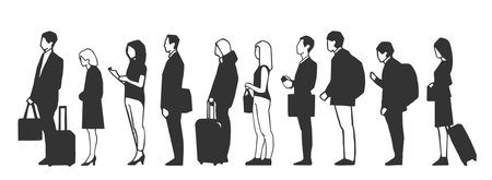 Illustration of people, passengers waiting, standing in line in black and whiteのイラスト素材
