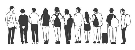 Illustration of people, passengers waiting, standing in line in black and whiteのイラスト素材