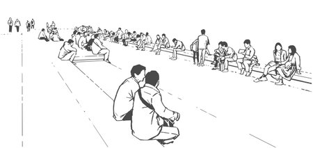 Line art illustration of people sitting and relaxing in outdoor public area in black and whiteのイラスト素材
