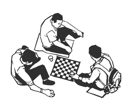 Stylized vector illustration of people drinking and playing chess outdoors in black and whiteのイラスト素材