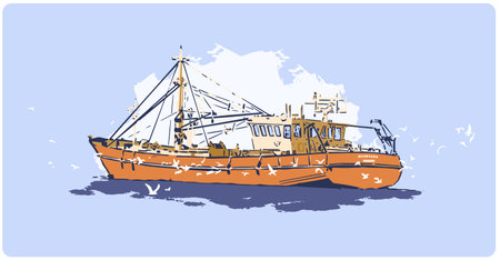 Color vector illustration of fishing ship from side view in North Sea with sea birdsのイラスト素材