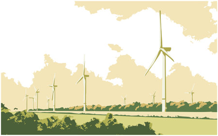 Vector illustration of wind turbines in perspective generating green energy in colorのイラスト素材