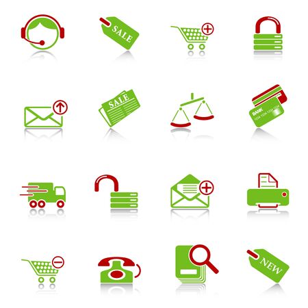 Sale and shopping icons with reflection, green-red seriesのイラスト素材