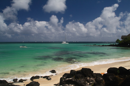 Tropical beach with boats, Mauritiusの写真素材