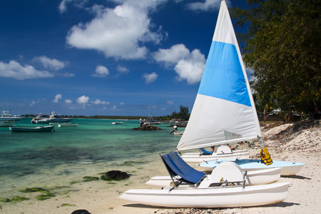 Tropical beach with boats, Mauritiusの写真素材