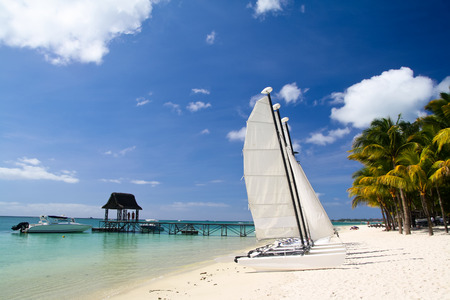 Tropical beach with boat and palms, Mauritiusの写真素材