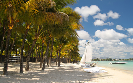 Tropical beach with boats, Mauritiusの写真素材
