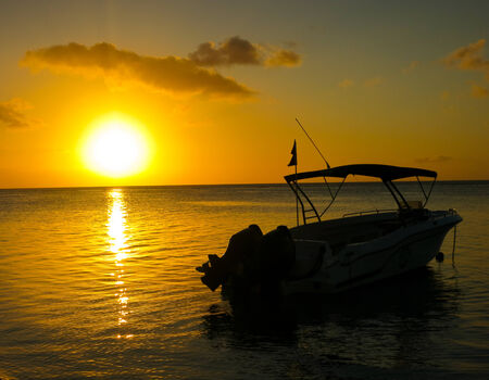 Speed boat in the sunsetの写真素材