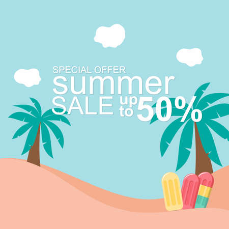 summer beach vector illustration for poster sale design with paper cut conceptのイラスト素材