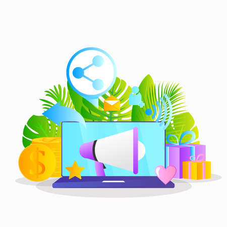 illustration of an background with a laptop for refer a friend banner promotionのイラスト素材