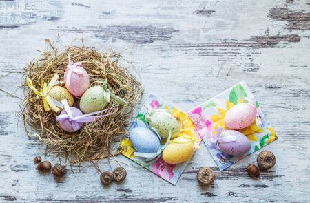Easter eggs on the table with place for inscription