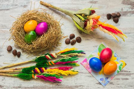 Colorful painted Easter eggs and decoration