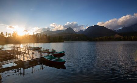 High Tatras - The panorama of Strbske Pleso lake of the sunsetの写真素材
