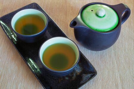 Brewed and healthy Japanese green tea served in traditional hohin and shiboridashi dishesの写真素材