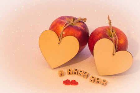 Happy Valentines day  two apples and hearts. I love you.の写真素材