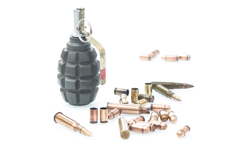 Hand grenade, cartridges and scales from various types of weaponsの写真素材