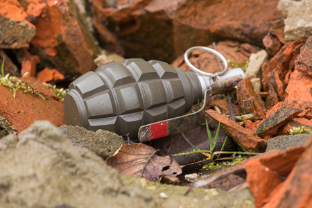Hand grenade lying on a brick wall