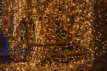 Christmas tree and decoration in the outside, evening viewの写真素材