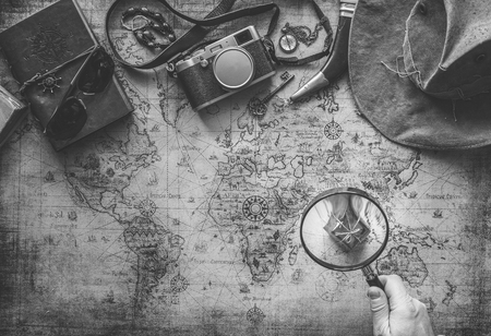 old map and vintage travel equipment / expedition concept, treasure hunt or giftsの写真素材