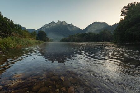 Mountain landscape. Pieniny, Three Crowns Peak on the Dunajec River at dawnの写真素材