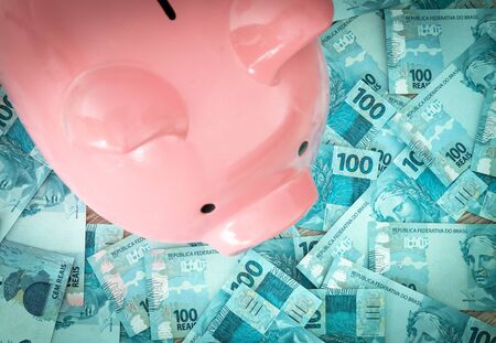 Brazilian money, reais, and piggy bank. Saving and depositing money